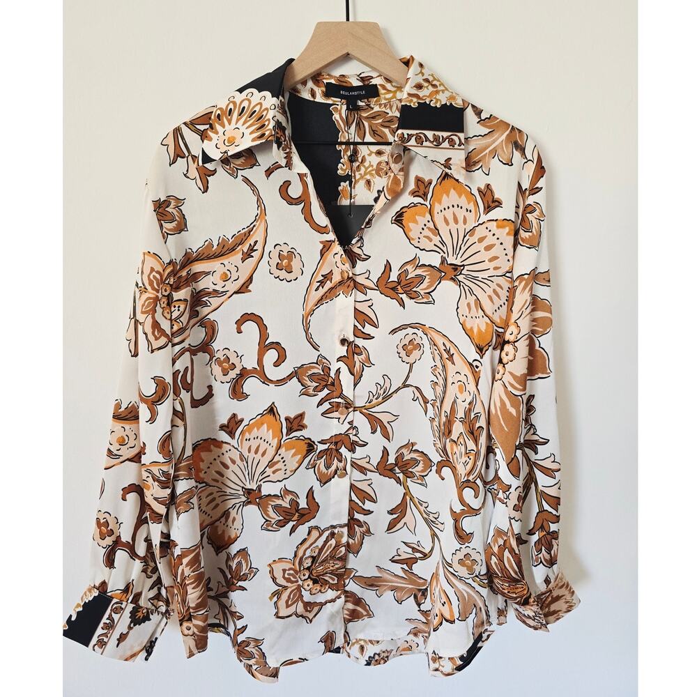 NWT Beulah Style Brown & Black Floral Collared Button-Down Blouse Sz Large